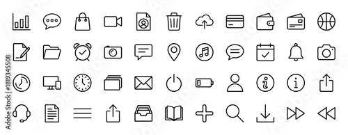 User interface line icon set. Vector pictograms of camera, document, trash, cloud, folder, alarm, credit card, chat, calendar, mail, monitor, user, thin linear illustration.