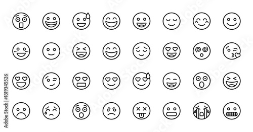 Emoji and emoticon line icon set. Vector pictograms of happy, sad, angry, surprised, laughing, crying, winking, and confused faces, thin linear illustration.