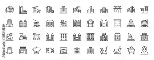 Architecture and city icon set. Vector pictograms of modern buildings, residential houses, shops, hotels, offices, restaurants, and a map pin, thin linear illustration.