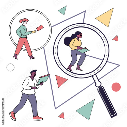 Diverse group of people engaged in research and analysis with magnifying glass and geometric shapes