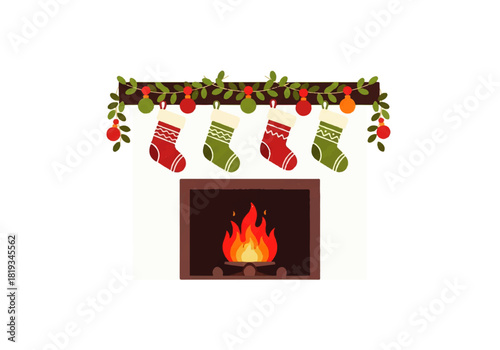 Festive fireplace with stockings and garland, creating a cozy Christmas atmosphere.