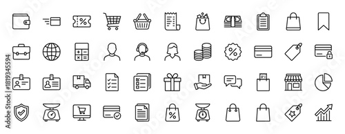 E-commerce line icon set. Vector pictograms of shopping bags, wallets, shopping carts, credit cards, discounts, delivery trucks, and store fronts, thin linear illustration.