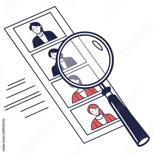 Magnifying glass examining a row of diverse candidate profile pictures for hiring selection