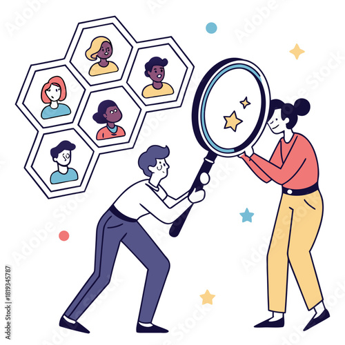 Two people using a magnifying glass to examine a honeycomb structure with diverse people profiles