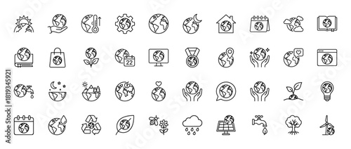Environmental conservation line icon set. Vector pictograms of earth in hands, solar panel, wind turbine, leaf, plant, recycle, thermometer, and water tap, thin linear illustration.