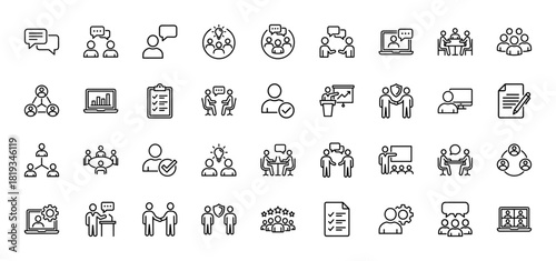 Business and communication line icon set. Vector pictograms of team collaboration, meetings, presentations, and agreement, thin linear illustration.