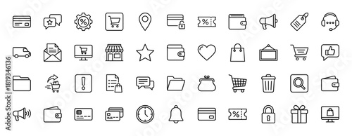 E-commerce line icon set. Vector pictograms of shopping carts, credit cards, delivery trucks, storefronts, price tags, wallets, and notifications, thin linear illustration.