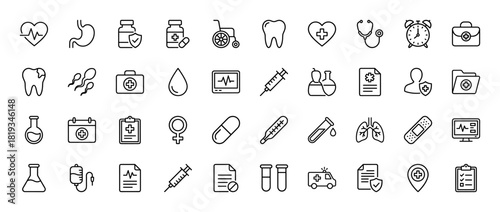 Medical and healthcare line icon set. Vector pictograms of heartbeat, stethoscope, syringe, medicine, wheelchair, lungs, ambulance, documents, and lab equipment, thin linear illustration.