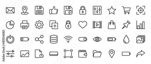 Web interface line icon set. Vector pictograms of location pin, settings, mail, lock, shopping cart, gear, chart, battery, wifi, and folder, thin linear illustration.