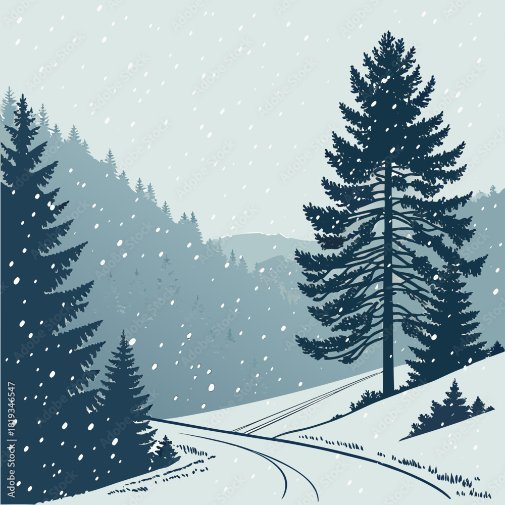 Obraz premium Serene winter landscape with snow falling on pine trees and a winding road through a forest