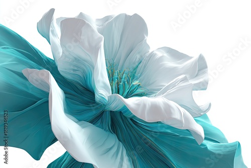 Abstract teal/white bloom with delicate petals unfurling on white background