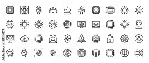 Artificial intelligence and technology line icon set. Vector pictograms of robots, processors, brain, VR headset, cloud, database, security, fingerprint, and smart devices, thin linear illustration.