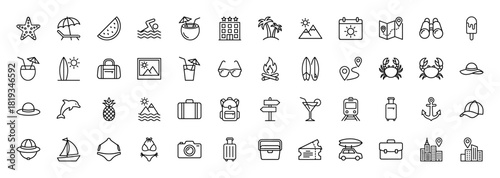 Travel and vacation line icon set. Vector pictograms of swimmer, palm trees, beach chair, hotel, luggage, camera, sailboat, and bikini, thin linear illustration.