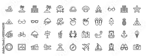 Travel and vacation line icon set. Vector pictograms of palm trees, sun, hotel, campfire, tent, map, airplane, camera, and binoculars, thin linear illustration.