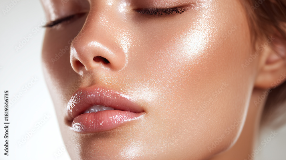 Fototapeta premium Glowing skin with subtle makeup, close up of young woman with smooth complexion, natural beauty, healthy face, soft lips, radiant and fresh appearance, isolated on white background