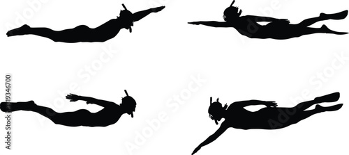 Underwater swimmer silhouette, snorkeling motion sequence, dynamic aquatic pose, fins and snorkel gear, black figure on white, swimming technique, water sport, scuba illustration, dive posture
