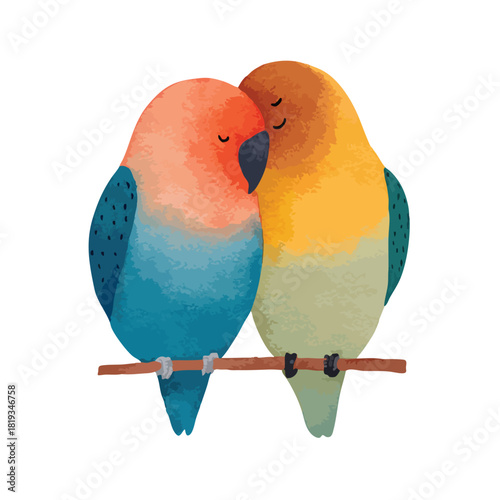 Cute Lovebirds Couple Cuddling on Branch Sweet Watercolor Style Illustration.