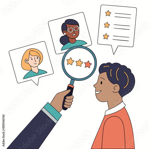 Recruiter examining candidate profiles and ratings with a magnifying glass for hiring decisions