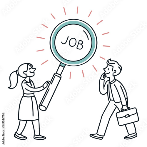 Woman holding a magnifying glass over the word job as a man with a briefcase looks on thoughtfully