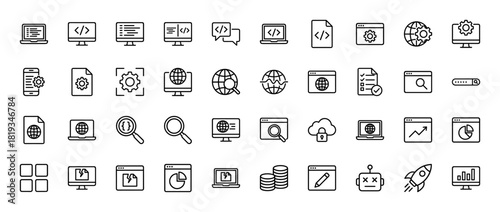 Digital marketing and web development line icon set. Vector pictograms of code, browsers, settings, search, analytics, and responsive devices, thin linear illustration.