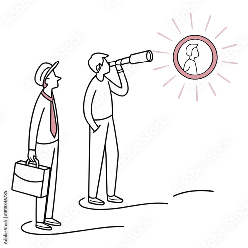 Businessman with telescope searching for ideal candidate or opportunity in a bright circle
