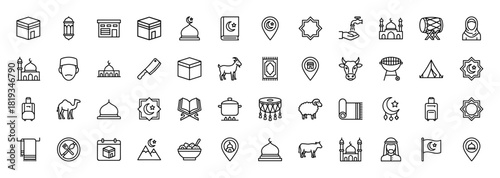 Islamic line icon set. Vector pictograms of Kaaba, mosque, Quran, crescent moon, prayer mat, pilgrims, sacrifice animals, and lanterns, thin linear illustration.
