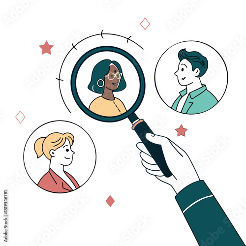 Hand holding magnifying glass to examine diverse group of people for recruitment or selection process