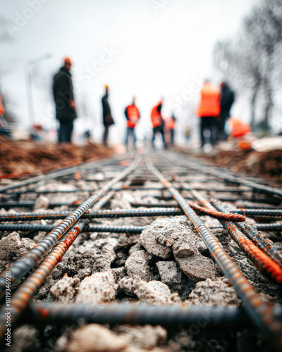 A construction site scene with steel rebar in focus, while workers in safety vests are blurred in the background, indicating active development.