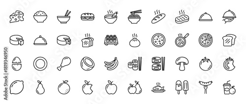 Food and cuisine line icon set. Vector pictograms of rice, noodles, sandwich, soup, cheese, steak, pizza, sushi, chicken, fruits, vegetables, and drinks, thin linear illustration.