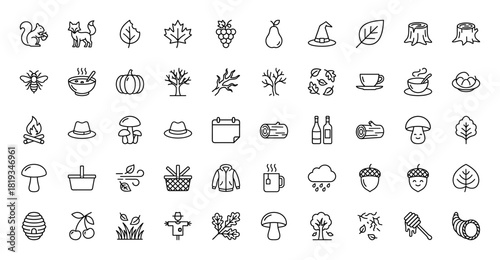 Autumn line icon set. Vector pictograms of squirrel, pear, maple leaf, grapes, witch hat, pumpkin, tree stump, bee, soup bowl, campfire, mushroom, acorn, and cornucopia, thin linear illustration.