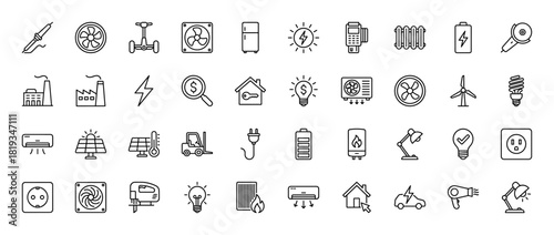 Energy and electricity line icons: generation, storage, consumption, appliances, industrial elements, and renewable sources. Thin linear illustration.
