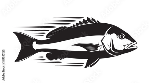 Dynamic black and white snapper fish illustration perfect for fishing enthusiasts, seafood restaurants, and nautical themes with its sleek design and energetic feel