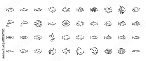 Marine life and sea creatures line icon set. Vector pictograms of various fish, whale, dolphin, shark, pufferfish, angelfish, scallop, and fish skeleton, thin linear illustration.
