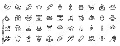 Autumn line icon set. Vector pictograms of corn, maple leaf, holly, pie, turkey, pilgrim hat, mushroom, acorn, and candle, thin linear illustration.