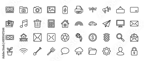 Universal web and app line icon set. Vector pictograms of money, camera, house, mail, megaphone, car, trash, settings, search, plant, cloud, and shopping cart, thin linear illustration.