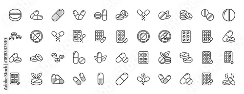 Pharmacy line icon set. Vector pictograms of pills, capsules, tablets, blister packs, and natural remedies, thin linear illustration.