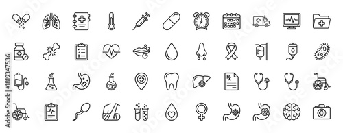 Medical line icon set. Vector pictograms of syringe, stethoscope, pills, lungs, brain, ambulance, wheelchair, EKG, and blood, thin linear illustration.