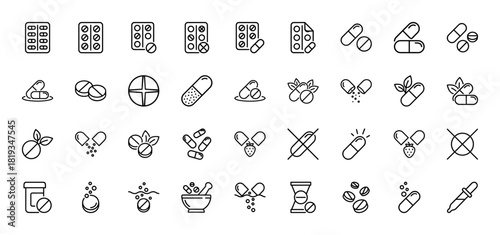 Pharmaceutical medical line icon set. Vector pictograms of blister packs, pills, capsules, natural remedies, dissolving tablets, syringes, droppers, and bandages, thin linear illustration.