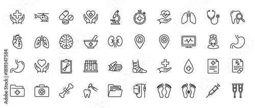 Healthcare and medical line icon set. Vector pictograms of heart, cross, pills, stethoscope, brain, organs, nurse, documents, syringe, and patient equipment, thin linear illustration.