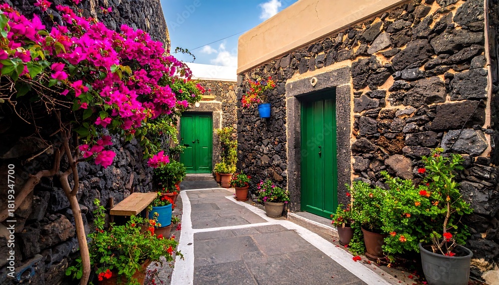 Naklejka premium Picturesque alleyway with stone walls, bright green doors, vibrant flowers, and cobblestone path on a sunny day