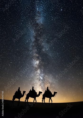 Three kings riding camels in a quiet desert landscape at night, silhouetted against a stunning sky filled with stars and a visible Milky Way. 