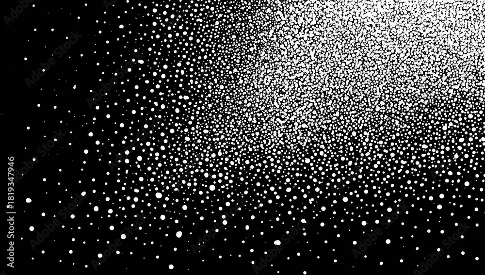 Obraz premium Scattered white dots of varying sizes on a black background, concentrated upwards