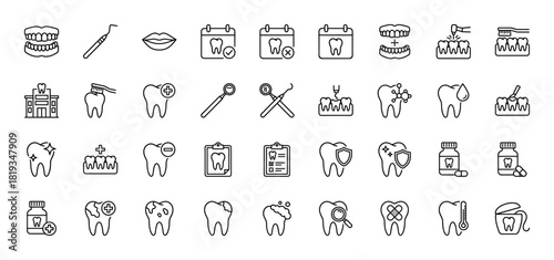Dentistry line icon set. Vector pictograms illustrating teeth, dental tools, calendar, office, toothbrush, medications, protection, implants, and braces, thin linear illustration.
