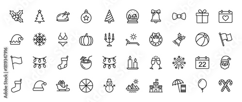 Holiday and celebration line icon set. Vector pictograms of Christmas tree, Santa, gifts, snow globe, fireworks, cocktails, and summer travel elements, thin linear illustration.