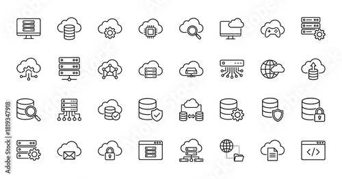 Cloud computing line icon set. Vector pictograms of cloud, database, server, network, security, data storage, and IT management, thin linear illustration.