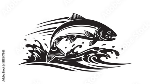 Dynamic salmon leaping from the water in bold monochrome design perfect for outdoor adventure brands and fishing enthusiasts seeking a powerful, striking symbol, ready for commercial use
