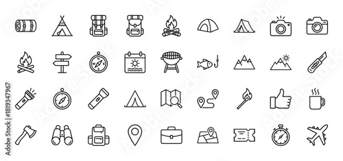 Camping and travel line icon set. Vector pictograms of sleeping bags, tents, backpacks, campfires, compasses, cameras, mountains, maps, and airplanes, thin linear illustration.