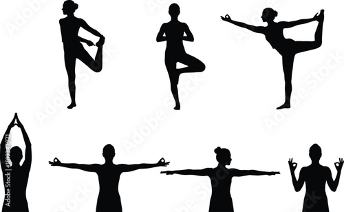 Yoga silhouette sequence, seven poses, balance and stretch, meditative gestures, black figures on white, fitness illustration, mindfulness practice, body movement, wellness icon set