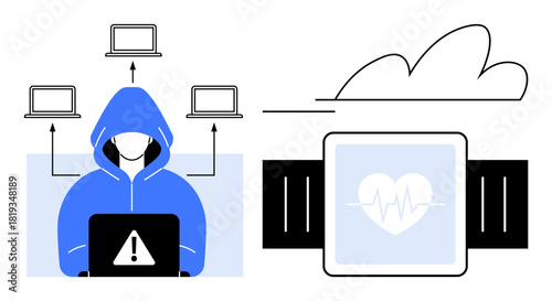 Hacker in a hoodie with a laptop and warning alert, connecting to multiple devices. Smartwatch with heart rate monitor. Ideal for cybersecurity, health tech risk, internet safety, hacking, cloud