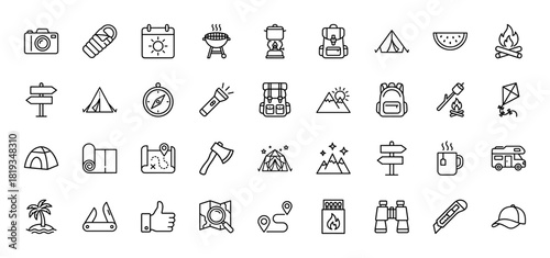 Outdoor adventure line icon set. Vector pictograms of backpack, BBQ grill, tent, compass, campfire, map, and essential camping gear, thin linear illustration.